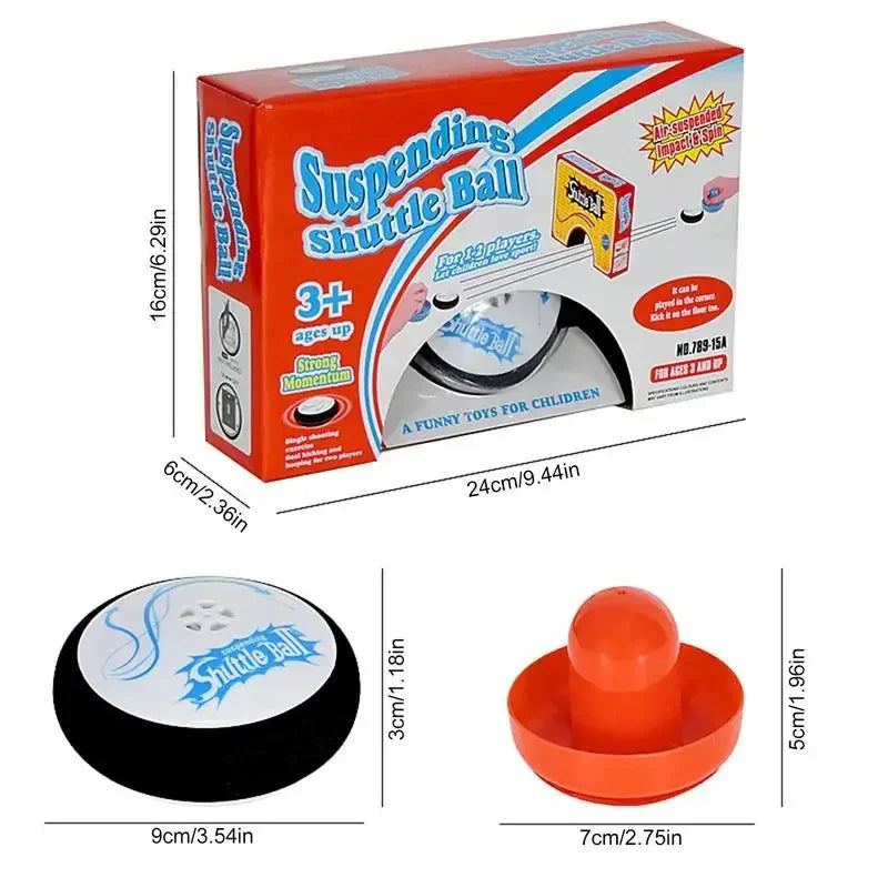 Box and components of a suspending shuttle ball air hockey game set for children