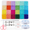 A variety of colored glass seed beads in 24 shades are displayed in compartments and packaged with tools for jewelry making.