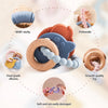 A collection of silicone teether rings for babies, showing various sizes and qualities like baby clarity, prehensile grip, fo