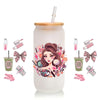A white tumbler with a pink and gold makeup theme featuring illustrations of various cosmetic products and a woman's portrait