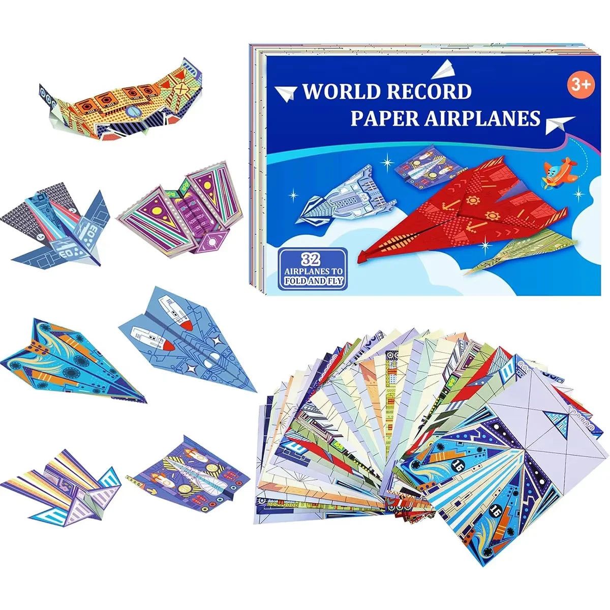 A box of paper airplane kits featuring 32 designs for folding and flying, including various colored paper airplanes.