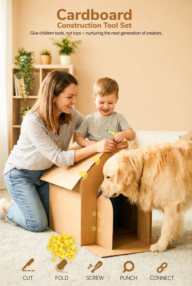 A woman is helping a boy use a cardboard construction tool set with a dog in a living room setting.