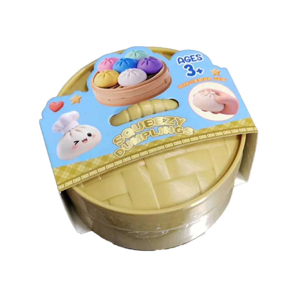 A package of adorable dumpling squishy stress balls with a steamer basket for ages 3 and up