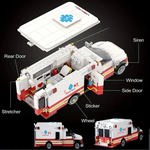 A model of an ambulance vehicle with various components like a siren, window, door, stretcher, and sticker.