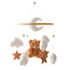 Wooden felt forest animal crib mobile featuring a crescent moon, teddy bear, and clouds hanging from strings