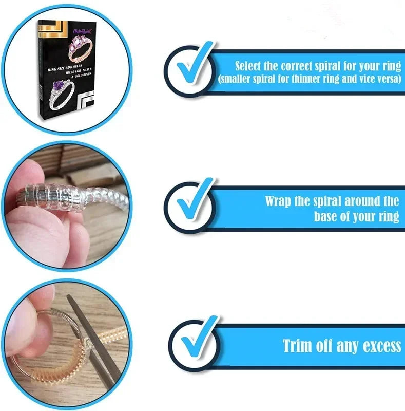 Instructions for using a transparent ring size adjuster set to fit rings.