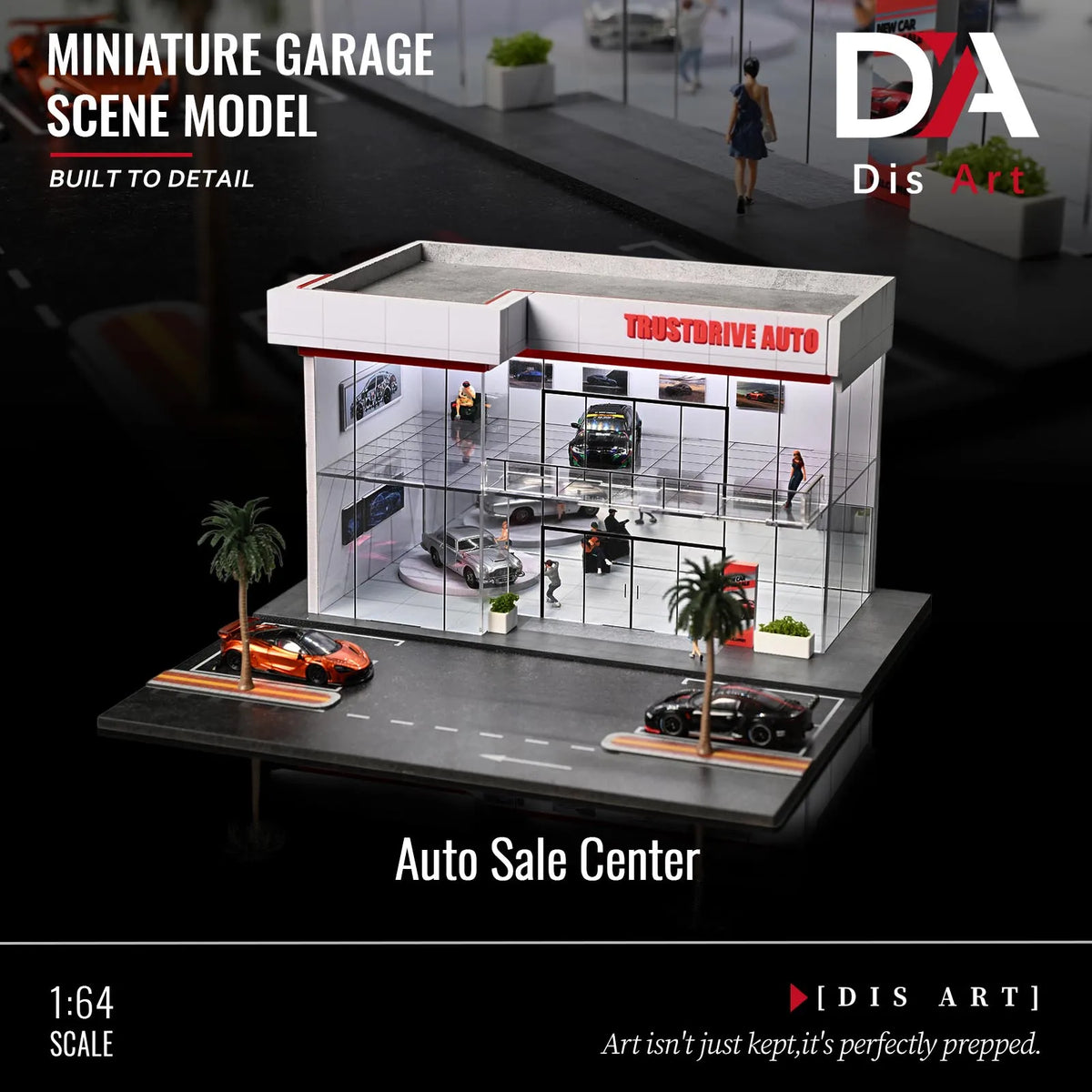 A miniature garage scene model of a two-story auto sale center with display cases and parking area.