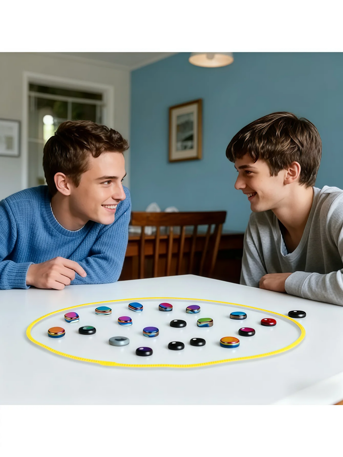 Zwei junge Männer spielen ein Magnet-Schachspiel auf einem weißen Tisch mit farbenfrohen Figuren.