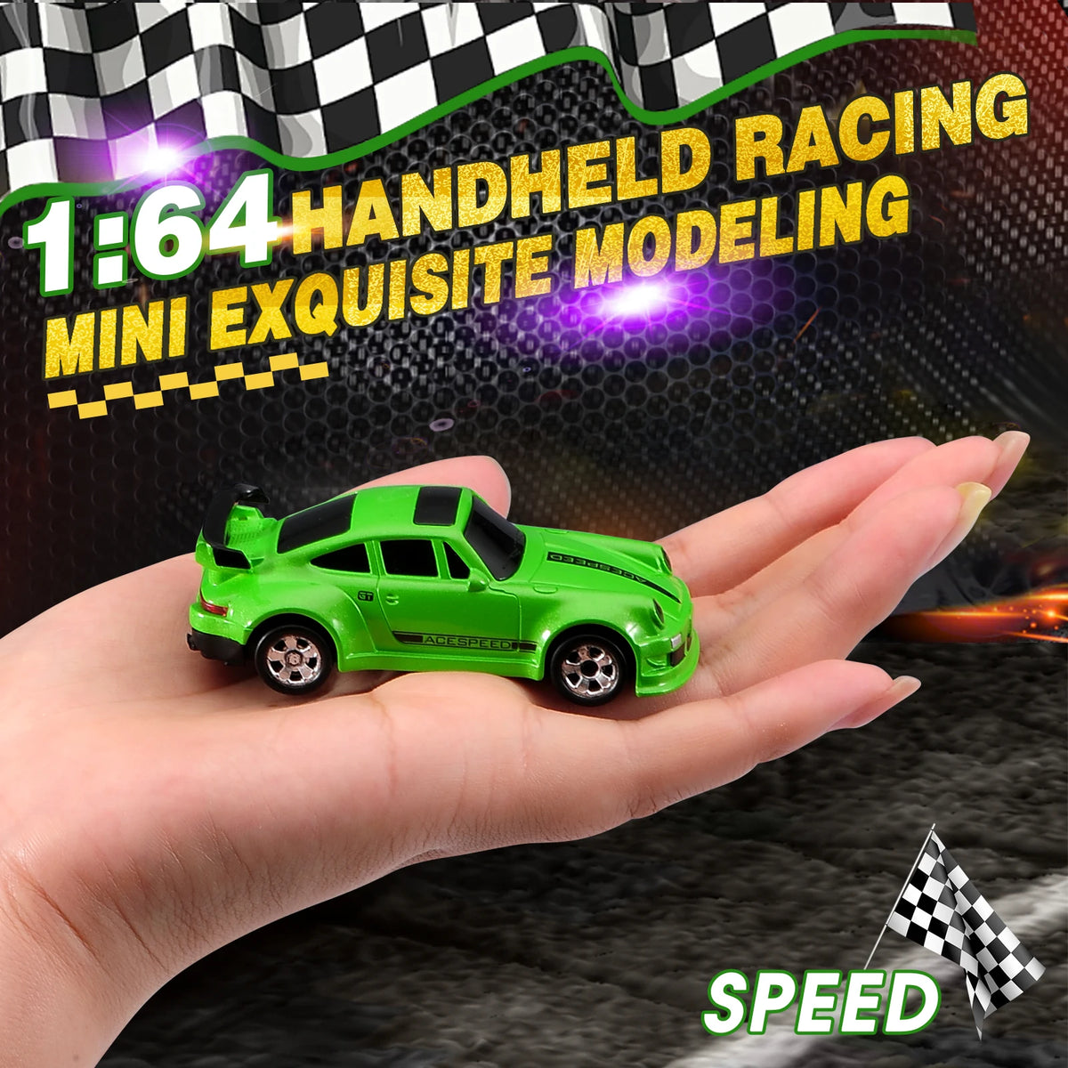 A bright green 1:64 scale model drift car is held in a person's hand against a checkered background.