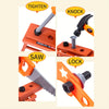 Kids' toy toolbox set with pretend play drill showing tighten knock saw and lock functions