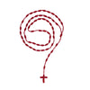 A red, handmade knotted rosary necklace with a cross charm.