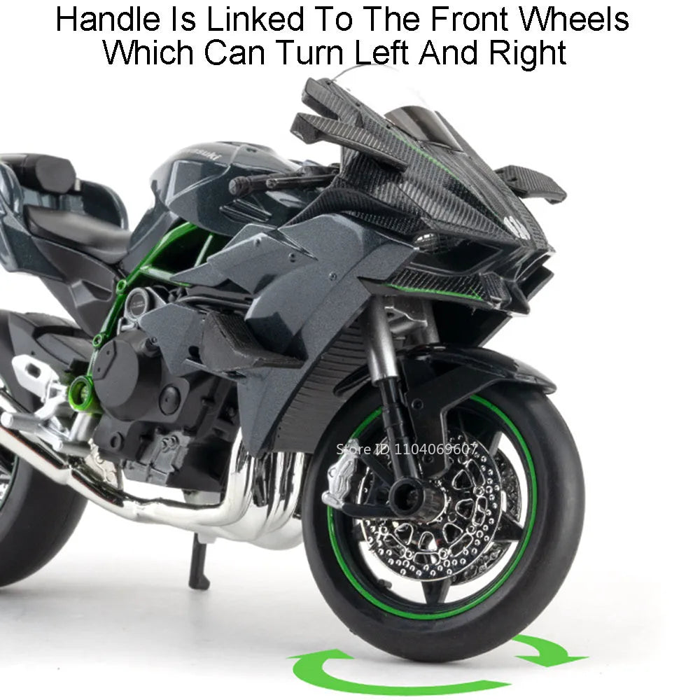 A black diecast sport motorcycle model with a handle linked to the front wheels.