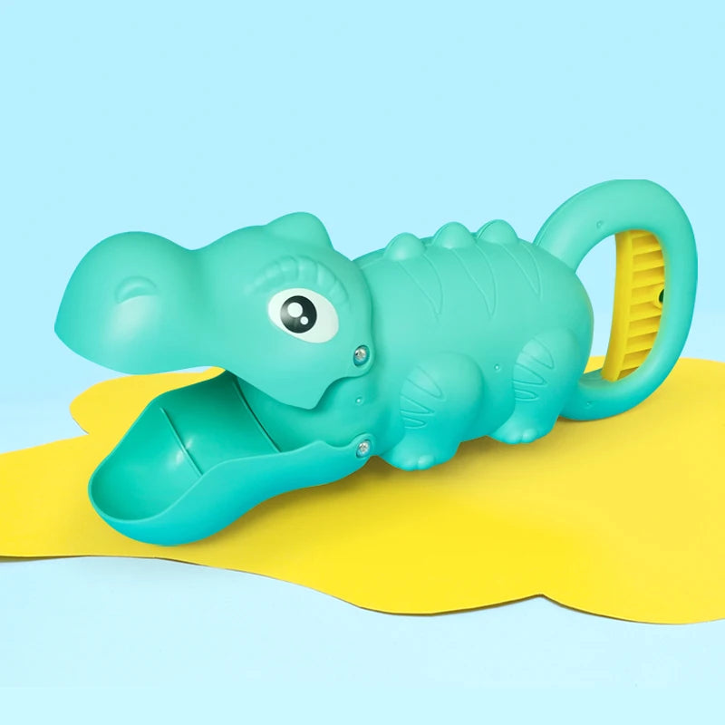 A light blue dinosaur toy with a yellow handle is lying on a yellow surface.