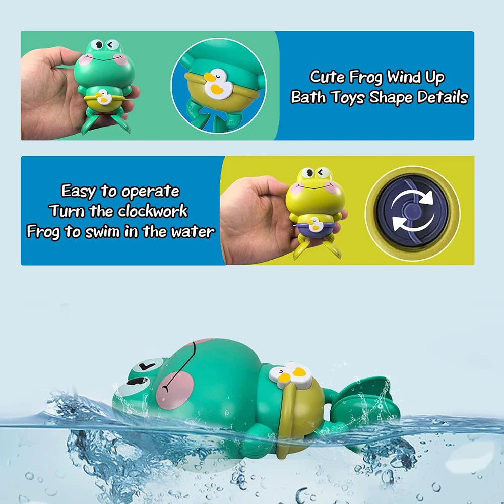 A green frog wind-up bath toy is shown swimming in water.
