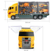 Size display showing a yellow construction truck and its transporter model with various scale measurements.