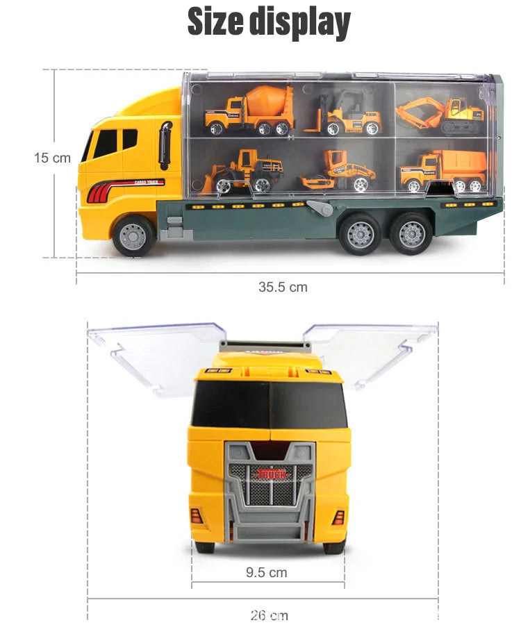 Size display showing a yellow construction truck and its transporter model with various scale measurements.