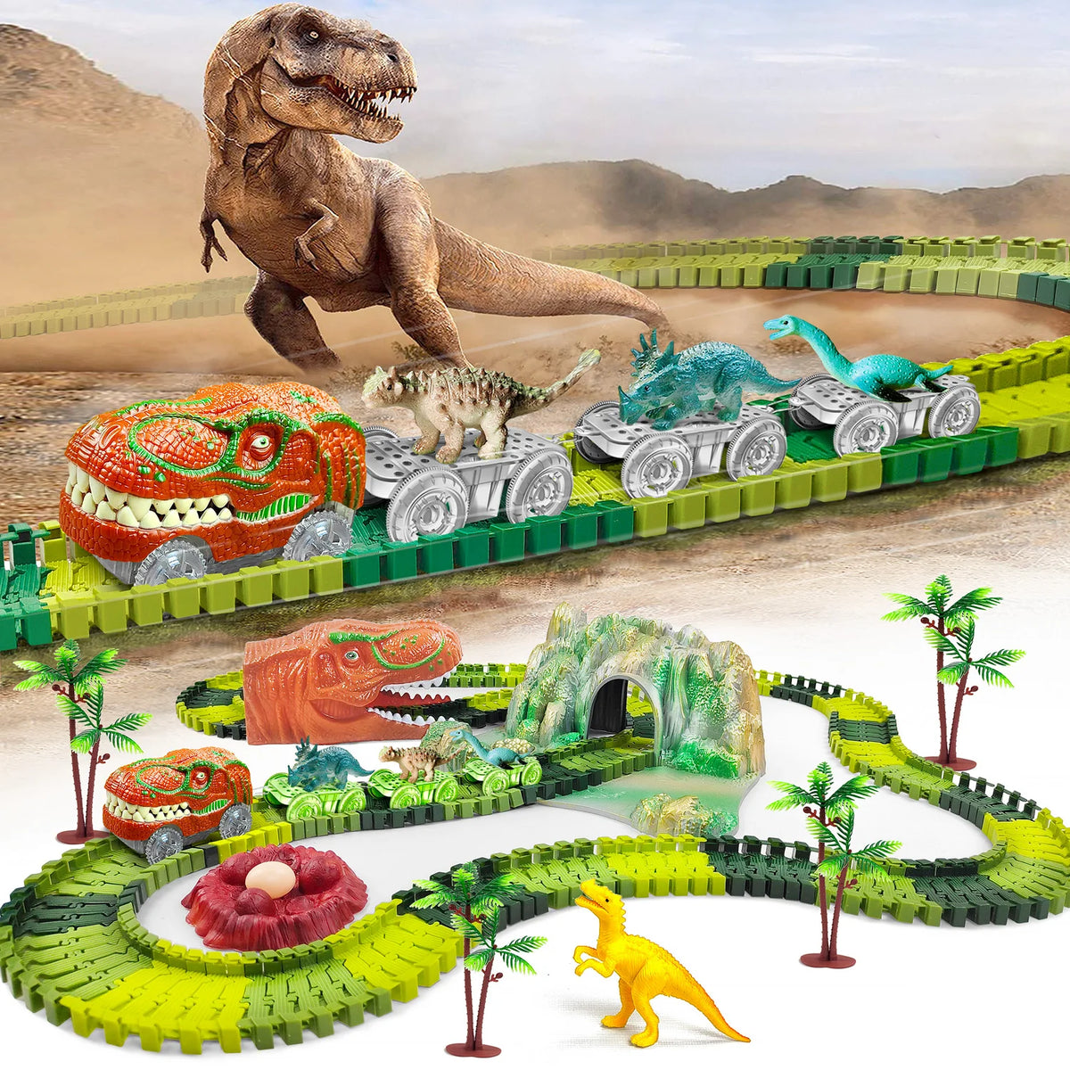 Dinosaur Train Toy Set with Flexible Road Race Track and Dino Car