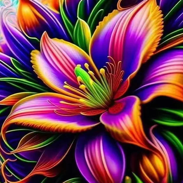 Vibrant sunflower floral art created with 5D diamond painting kit featuring purple, orange, and green petals.