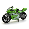 A green pull-back motorcycle toy car with black wheels and detailed graphics.