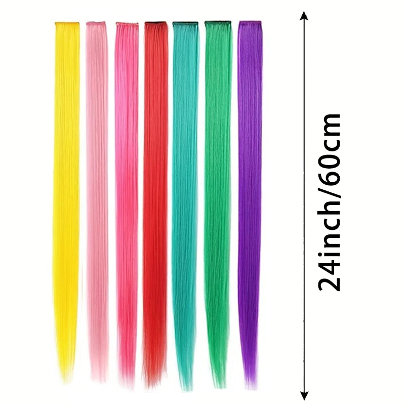 A set of six clip-in hair extensions in various bright colors including yellow, pink, red, teal, green, and purple.