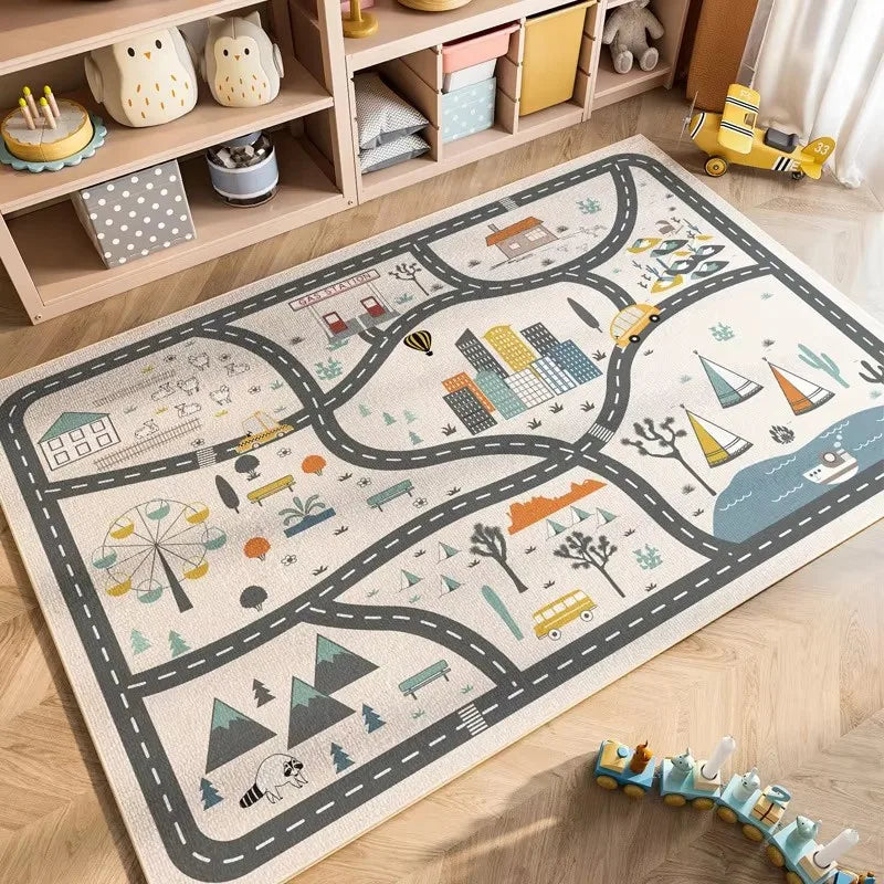 Cartoon City Traffic Play Mat for Kids – Soft & Anti-Slip Decorative Floor Rug