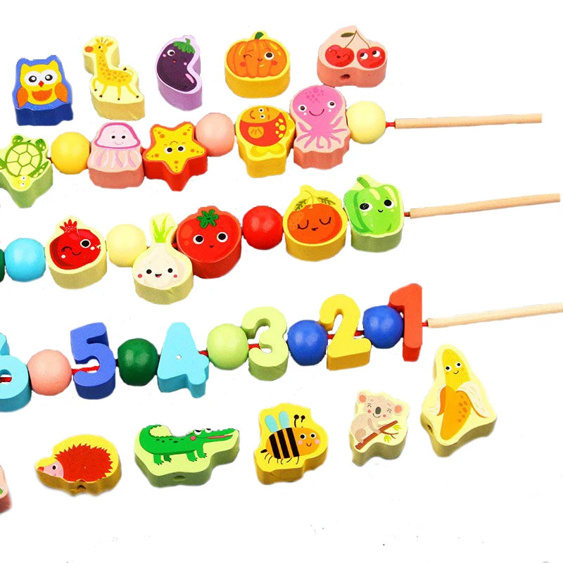 Wooden Animal & Fruit Threading Beads Set for Toddlers