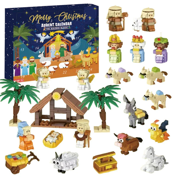 Eine Sammlung von Holzspielzeugen und Figuren für einen 24-tägigen Adventskalender mit verschiedenen Tieren, Menschen und Fah