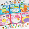 A collection of colorful magnetic quiet books and busy books featuring various scenes and objects for children.