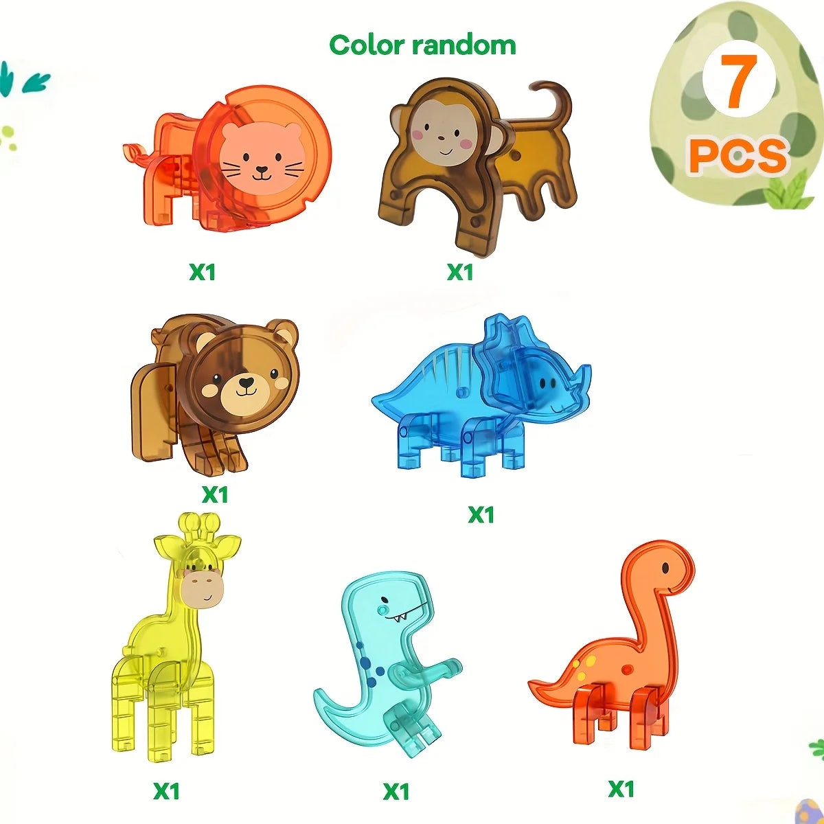 Seven pieces of magnetic building blocks featuring dinosaur and animal figures.