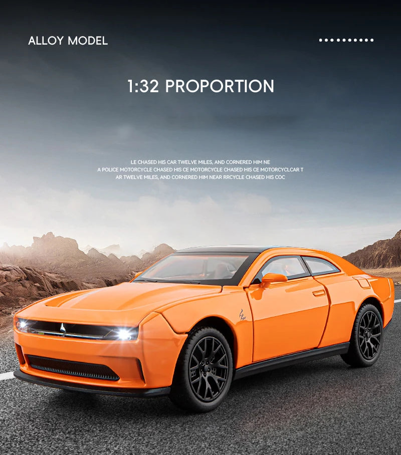 Orange diecast model car of a Dodge Challenger SRT Hellcat in 1:32 proportion driving on an asphalt road.