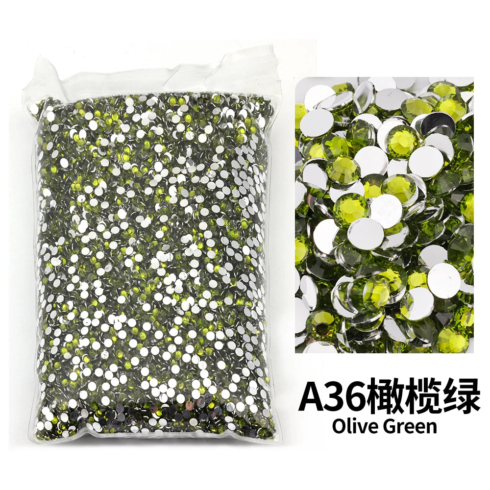 Bag of A36 resin glass rhinestones in olive green color