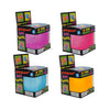 A set of four colored cube squeeze balls for sensory play and stress relief.
