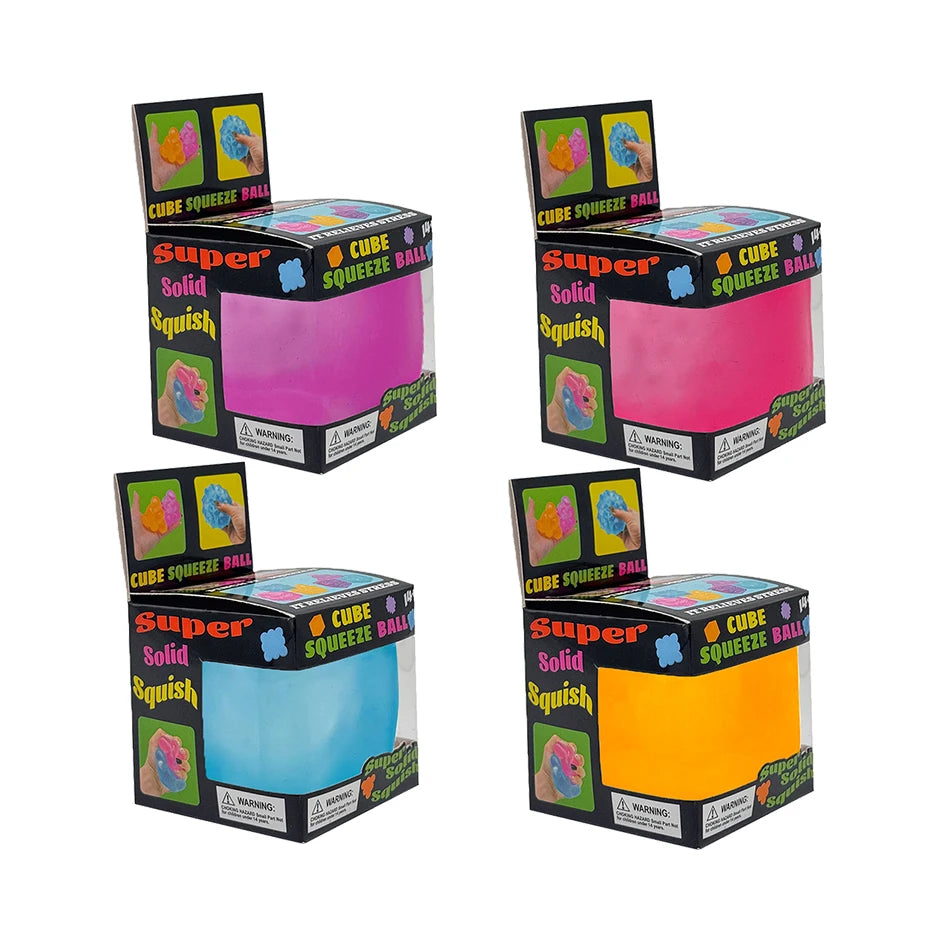 A set of four colored cube squeeze balls for sensory play and stress relief.