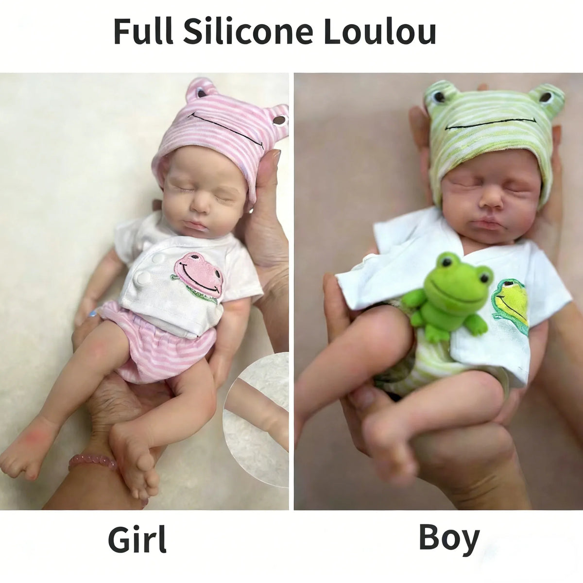 A girl and a boy wearing full silicone loulou headbands and clothing, demonstrating the realistic reborn baby dolls.
