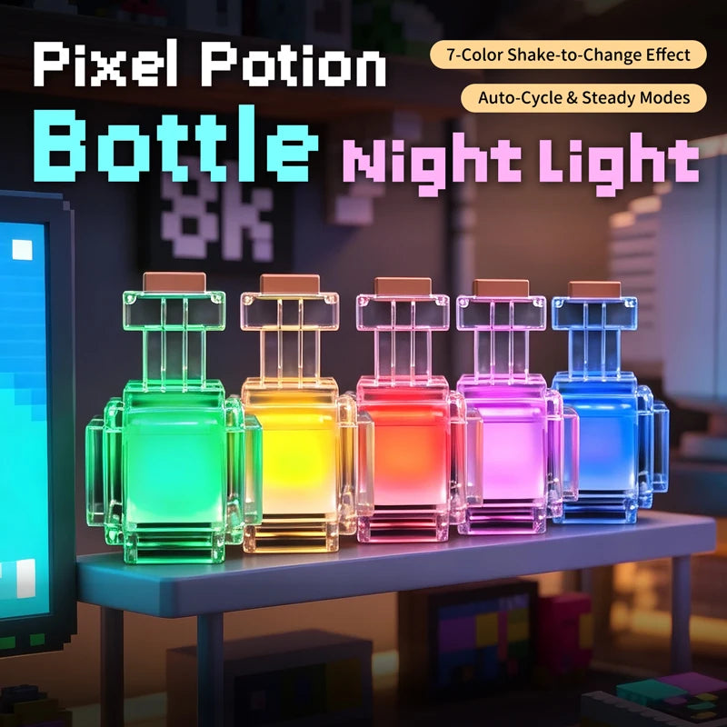 A row of seven colorful pixel potion bottles demonstrating a shake-to-change light effect.