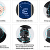 Various views of a compact clip-on tuner for musical instruments showing its portability, screen clarity, fit, and anti-skid 