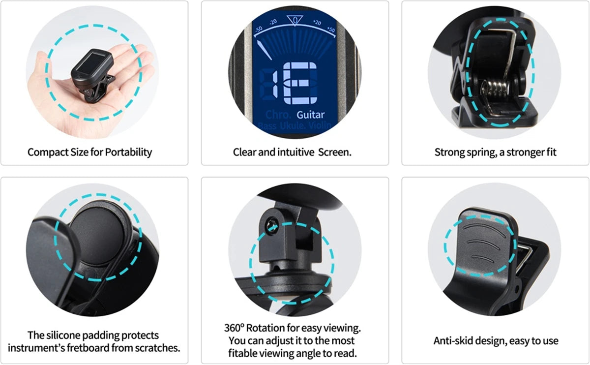 Various views of a compact clip-on tuner for musical instruments showing its portability, screen clarity, fit, and anti-skid 