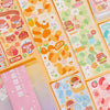 A collection of colorful kawaii cartoon stickers featuring food and cute characters for DIY crafts and journaling.