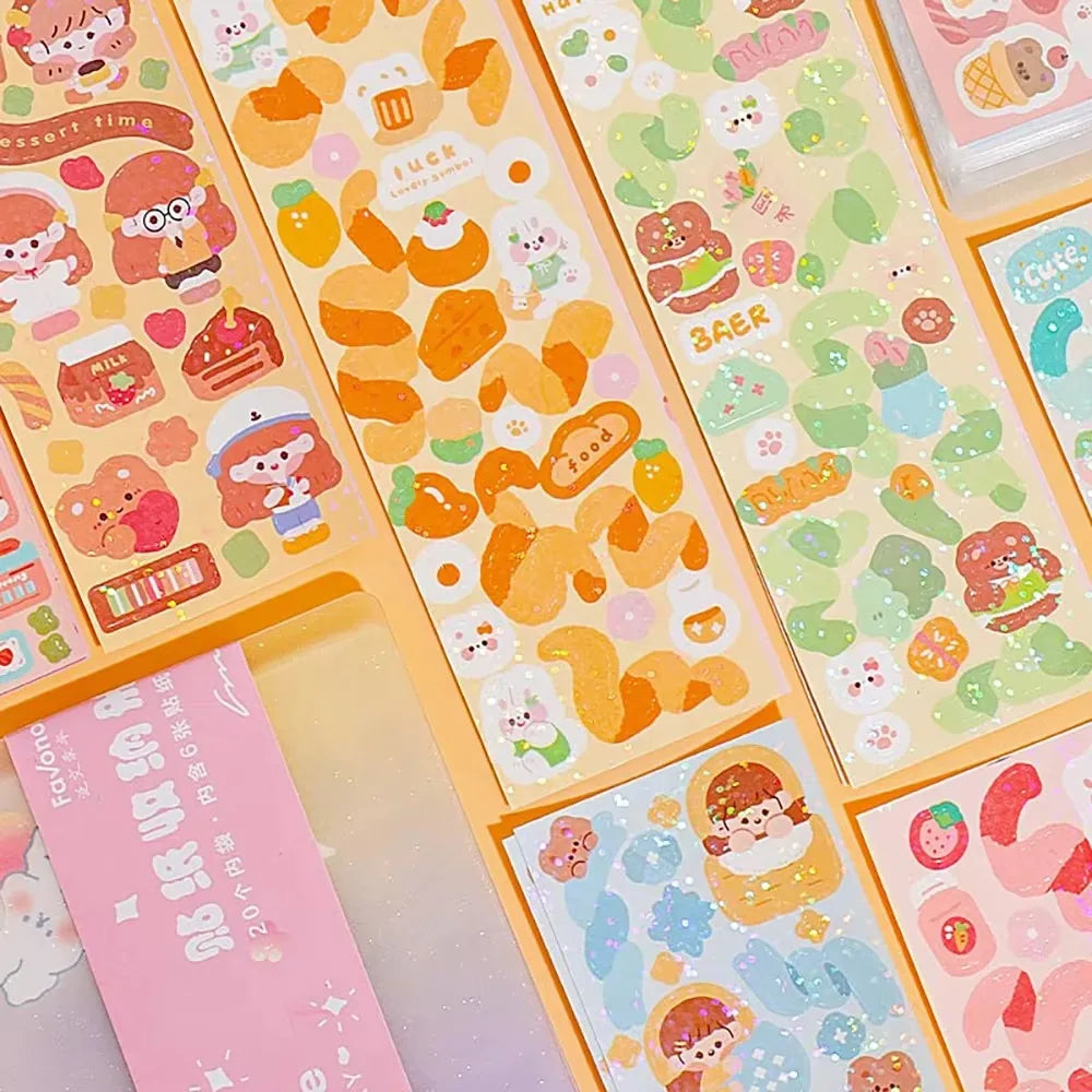 A collection of colorful kawaii cartoon stickers featuring food and cute characters for DIY crafts and journaling.