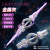 A close-up of a silver light saber with purple glowing effects and a circular hilt, shown against a dark background.