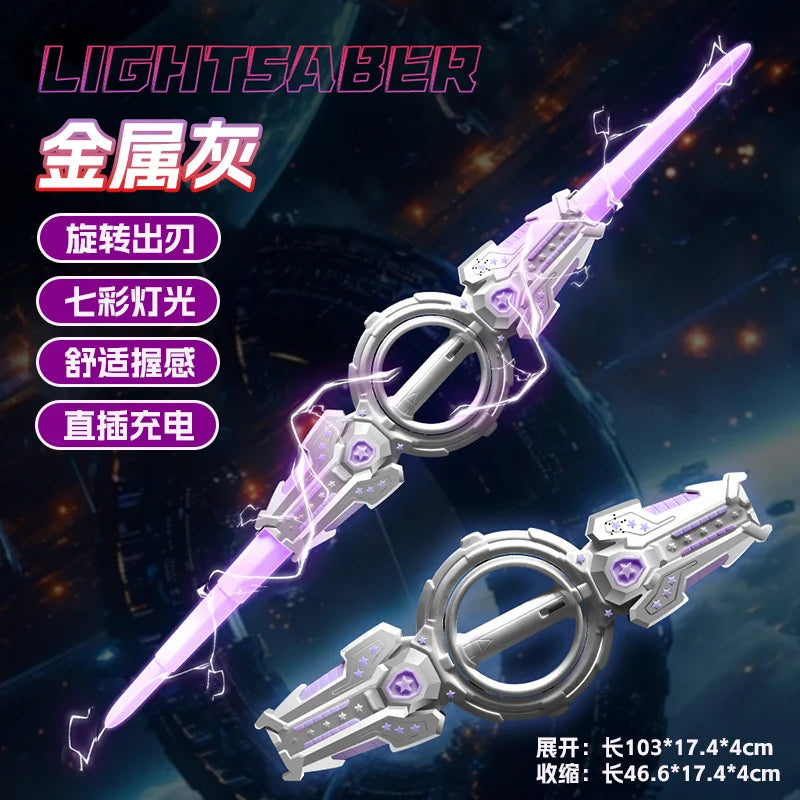 A close-up of a silver light saber with purple glowing effects and a circular hilt, shown against a dark background.
