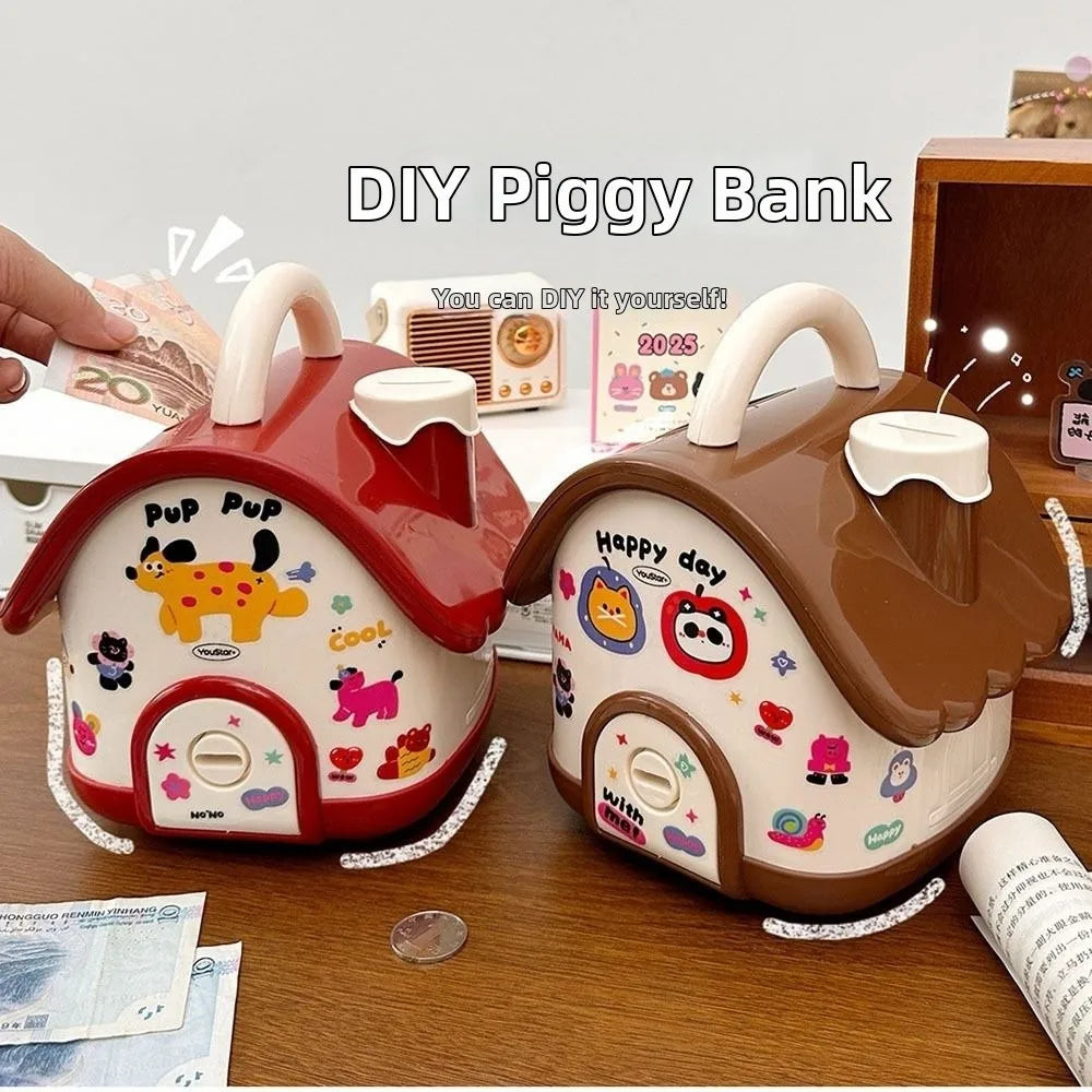 A DIY house-shaped piggy bank in red and white, featuring a lock and key mechanism for saving money.