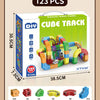 A box of 123 pieces of DIY Cube Track building blocks and train set components for educational play.