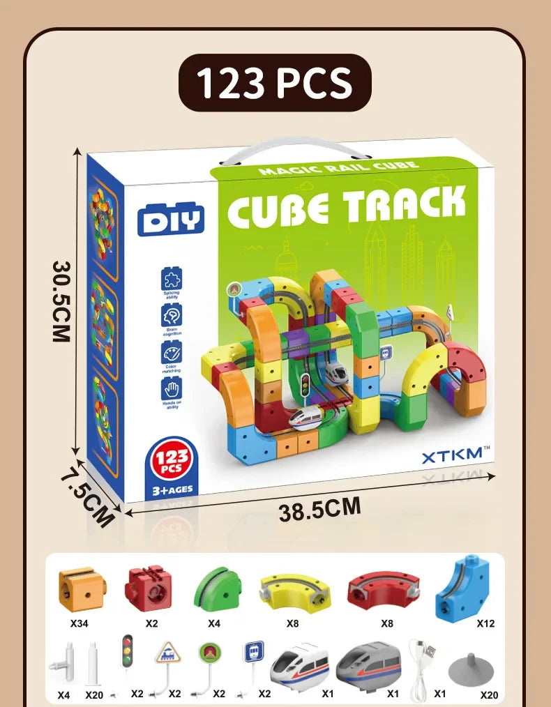 A box of 123 pieces of DIY Cube Track building blocks and train set components for educational play.