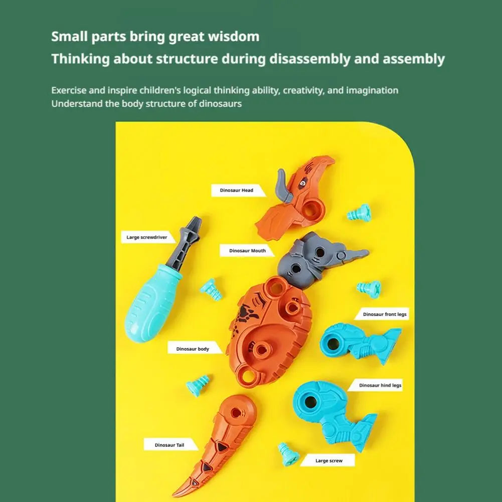 A set of small dinosaur parts and tools for a DIY take apart activity, including a drill and various dinosaur body pieces.