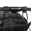 Black heavy-duty stroller hooks attached to a black fabric bag or carrier.