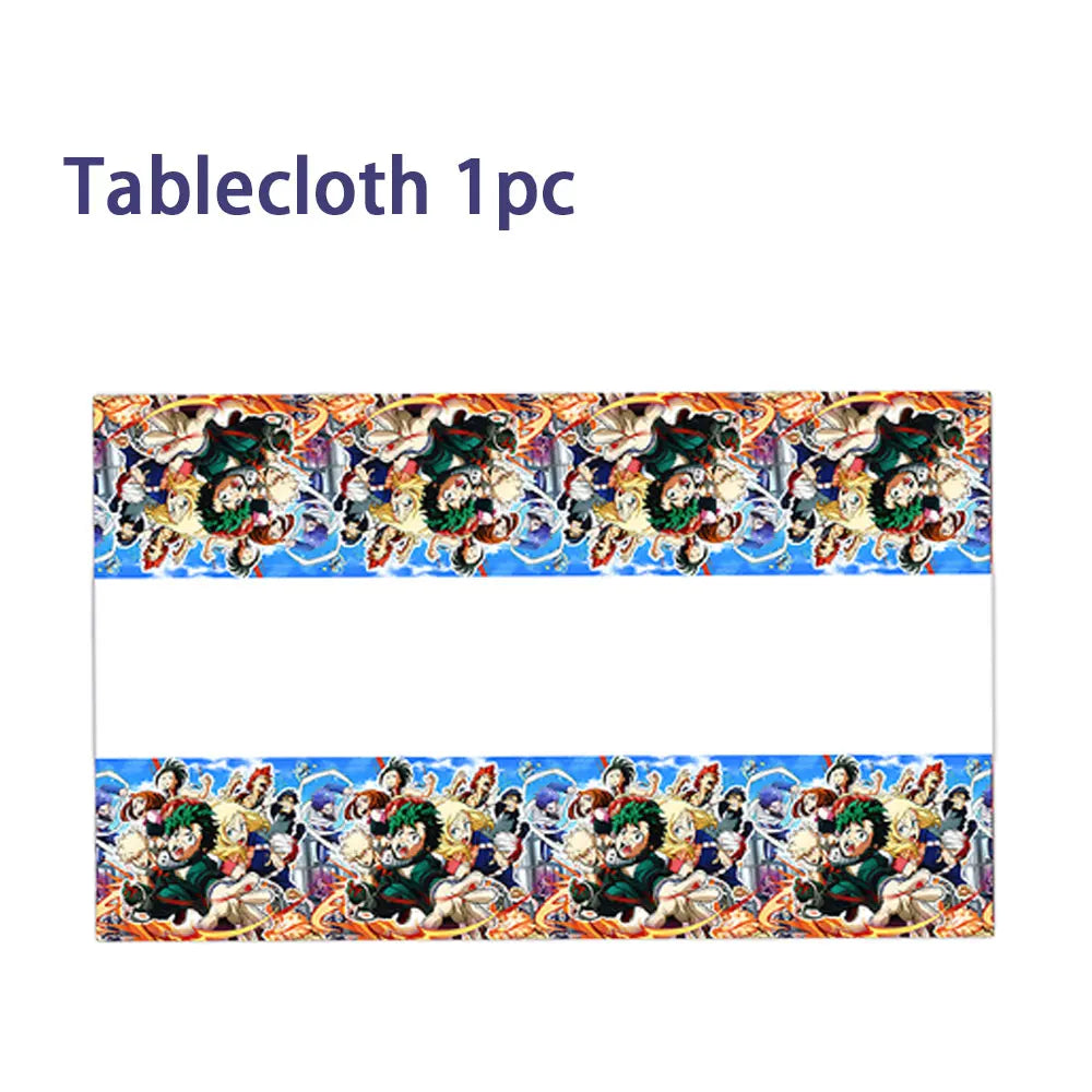 A set of hero-themed birthday party decorations featuring characters and a backdrop.
