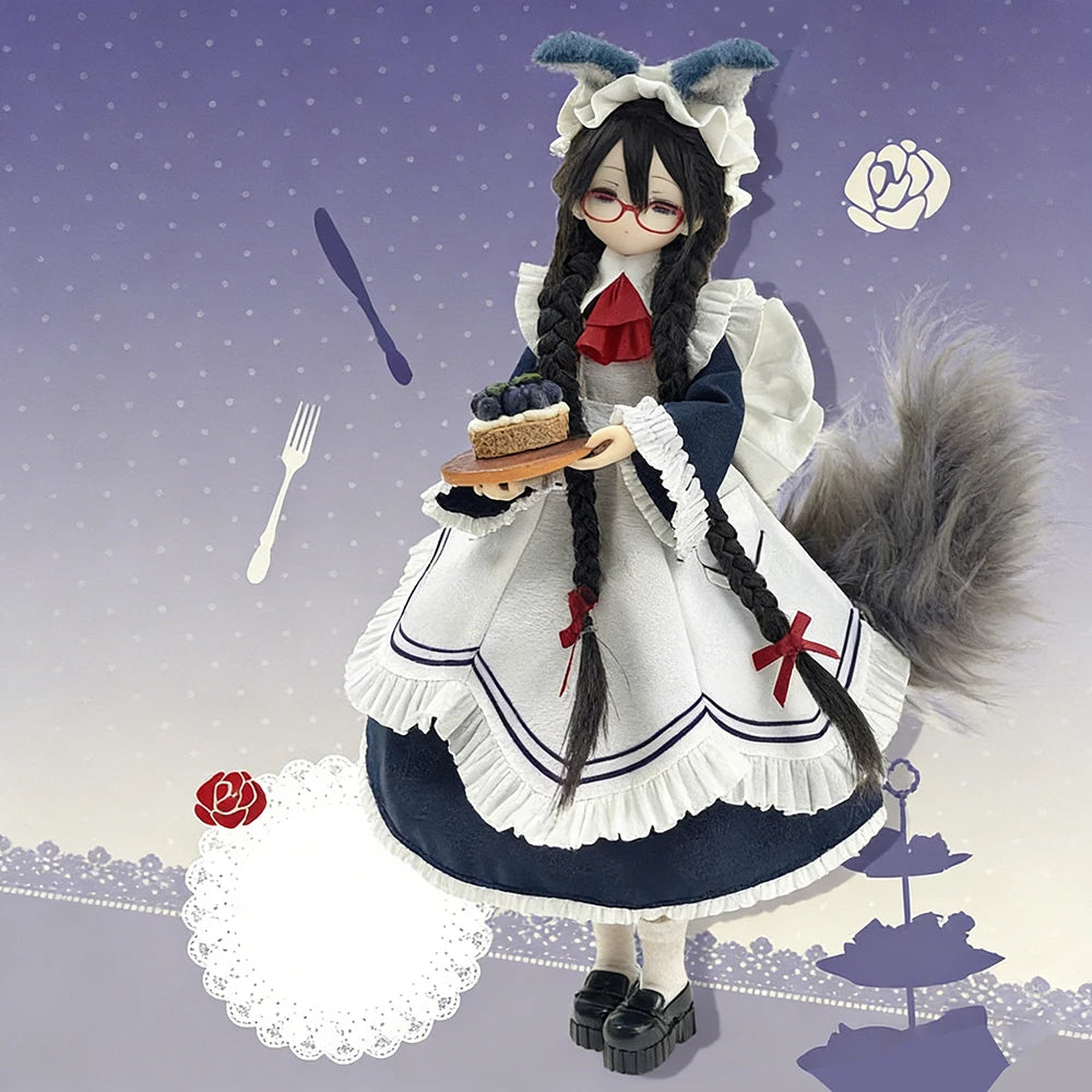 A female doll with long dark hair styled in braids and a white dress, wearing a ruffled collar and a cat-ear headband, holdin