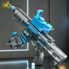 A silver and blue automatic electric UMP45 water blaster is shown in a dynamic angle against a gray background.
