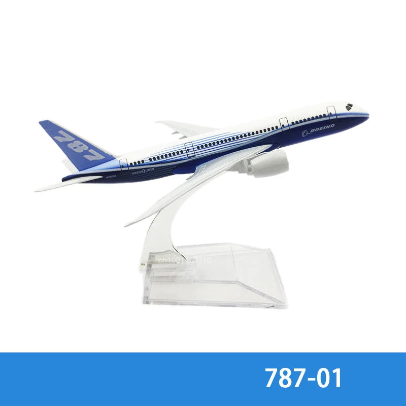 Diecast model of a Boeing 787 airplane in blue and white, displayed on a clear stand.